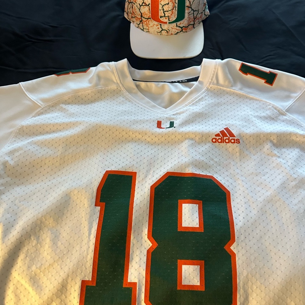 Miami Hurricanes Adidas White Jersey and Cap with Green and Orange Accents